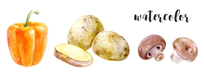 Watercolor painting with bell peppers, potatoes, and mushrooms in a vibrant culinary composition