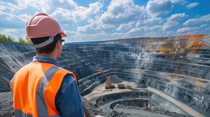 Mining engineer inspecting massive open-pit mine, overseeing the extraction of valuable minerals from earth, highlighting the scale and complexity of resource extraction