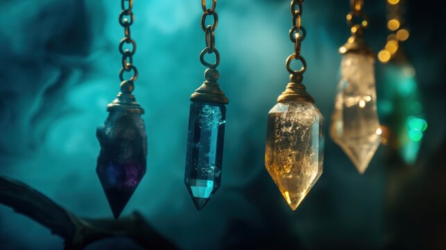 Crystals and a pendulum, used in divination and energy work to gain insight and balance chakras - Powered by Adobe