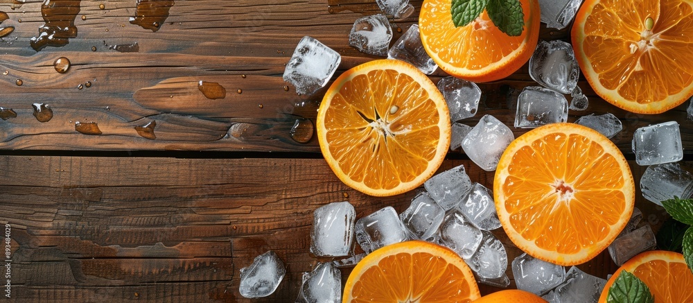 Poster oranges and ice chunks arranged on a wooden surface with copy space image