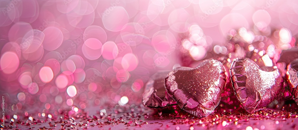 Aufkleber vivid pink backdrop with heart shaped candies in shiny foil on a festive copy space image