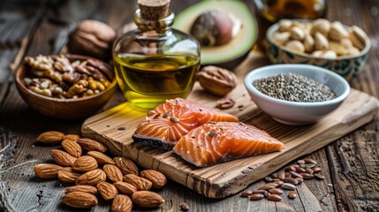 Select food sources of Omega 3 and unsaturated fats. Superfood, high in Vitamin E for a healthy diet. Almonds, pecans, hazelnuts, walnuts, olive oil, flax, 