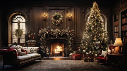 Obraz premium Christmas living room wallpaper fireplace furniture chair.