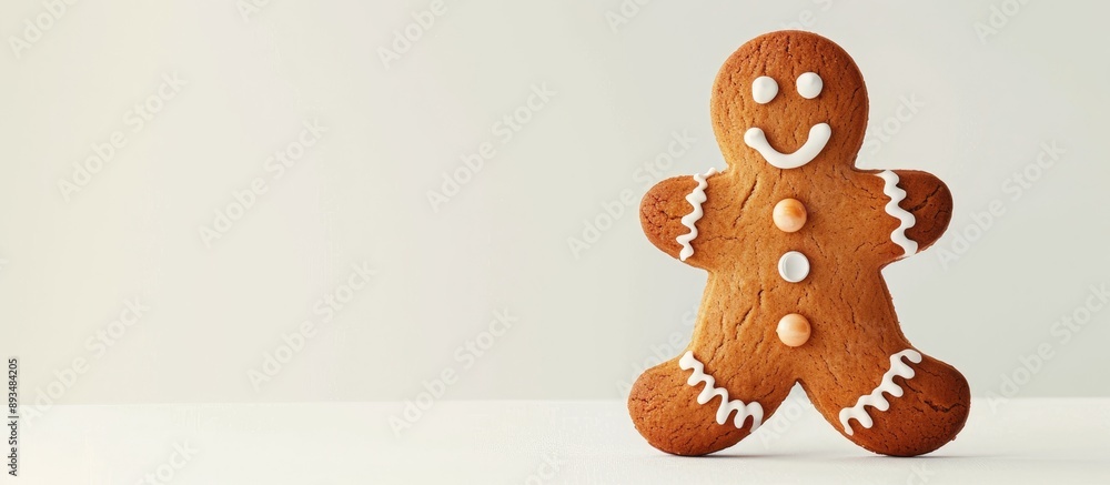 Poster A gingerbread man with buttons photographed against a white backdrop displaying ample copy space image
