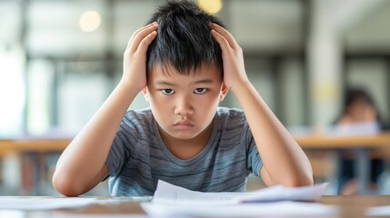 Student looking at a test with a failing grade, but with a determined expression, indicating resilience and the power of positive thinking to overcome academic challenges