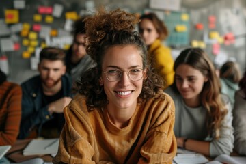 A group of young individuals are engaged in a collaborative brainstorming session, with sticky notes and various planning materials visible on the wall behind them.