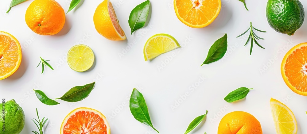 Poster top view of various citrus fruits with fresh leaves on a white backdrop offering space for text in t