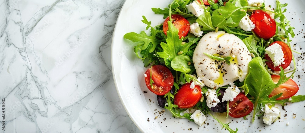 Poster Close up shot of a tasty burrata salad on a white tiled table with ample copy space image
