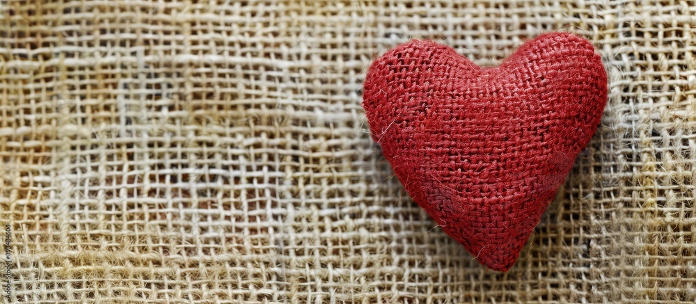 Poster Heart shaped red element on a burlap surface with space for copying the image