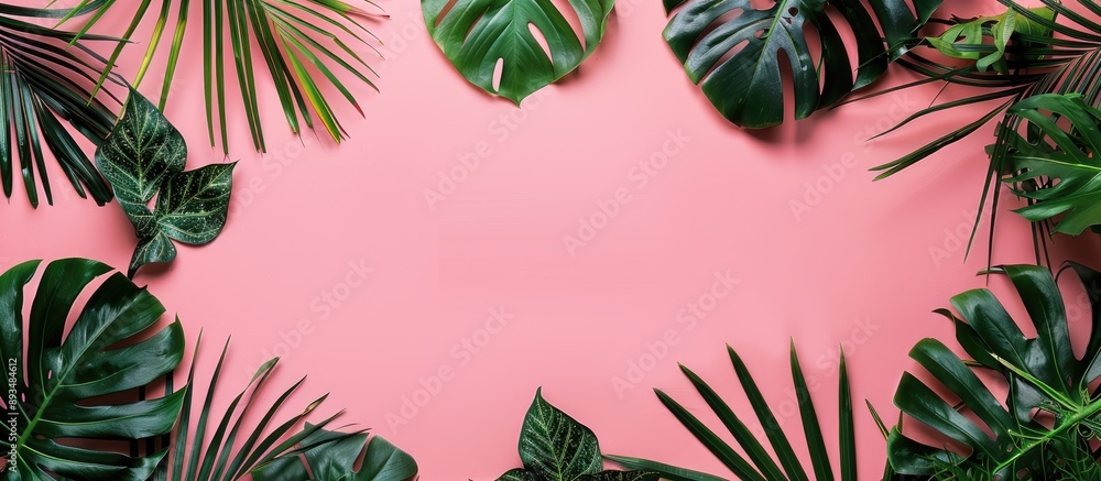Fototapete top view of a banner on a pink background with a tropical green palm monstera leaf and branches patt