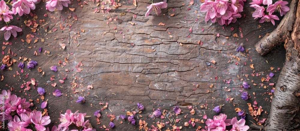 Poster Top down view of a wide composition featuring pink flowers and purple dried petals on a tree background ideal for a Women s Day greeting card with space for text or images. copy space available