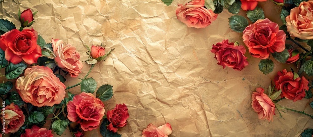 Aufkleber Beautiful display of red and pink roses on vintage paper with an empty space for adding a personalized touch ideal for a copy space image