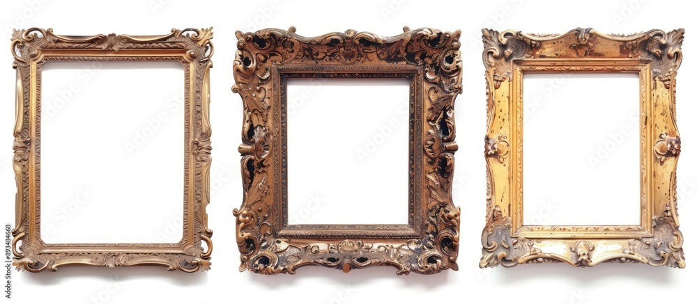 Poster wood plated vintage picture frame set against a white background with space for text or images. copy
