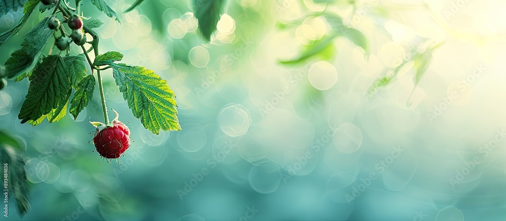 Poster a lone raspberry dangles on a summer bush branch with a blank space for adding images. copy space av
