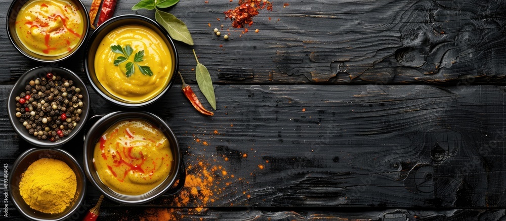 Poster Black wooden background with mustard sauce and spices displayed from a top view providing ample copy space for text in the image