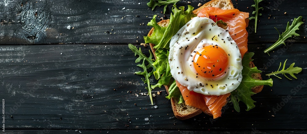 Poster copy space image featuring a poached egg and salmon on lettuce atop toast bread for breakfast set ag