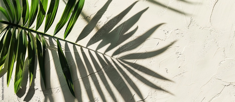 Poster Capture a summery aesthetic with a detailed shot of a palm leaf and shadows creating an abstract texture on a beautiful nature background in a minimalist flat lay composition featuring abundant copy