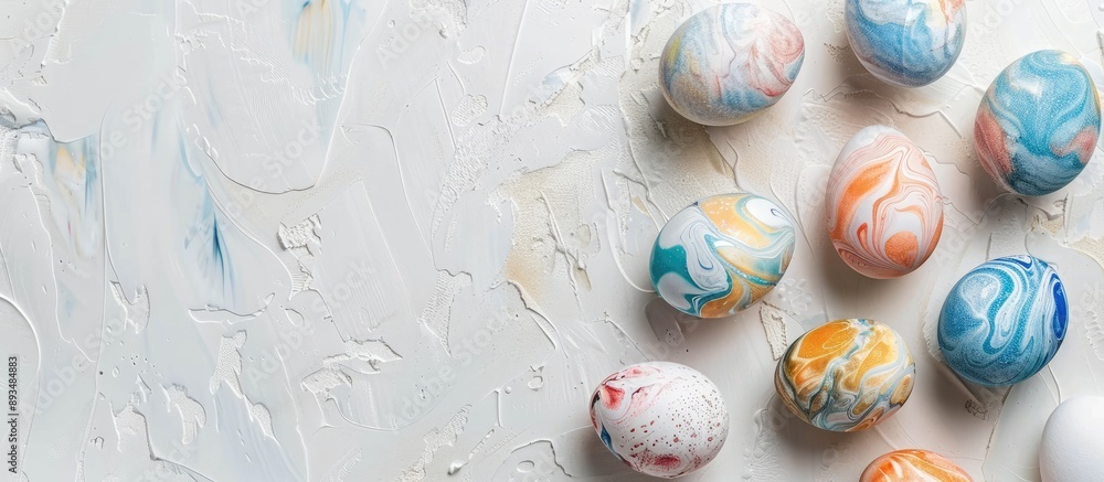 Poster minimalistic flat lay of marbled painted eggs on a white background with copy space image