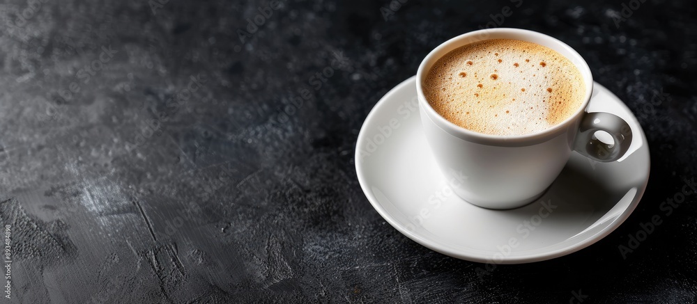 Poster Coffee cup with frothy foam on a white saucer against a dark backdrop with copy space image