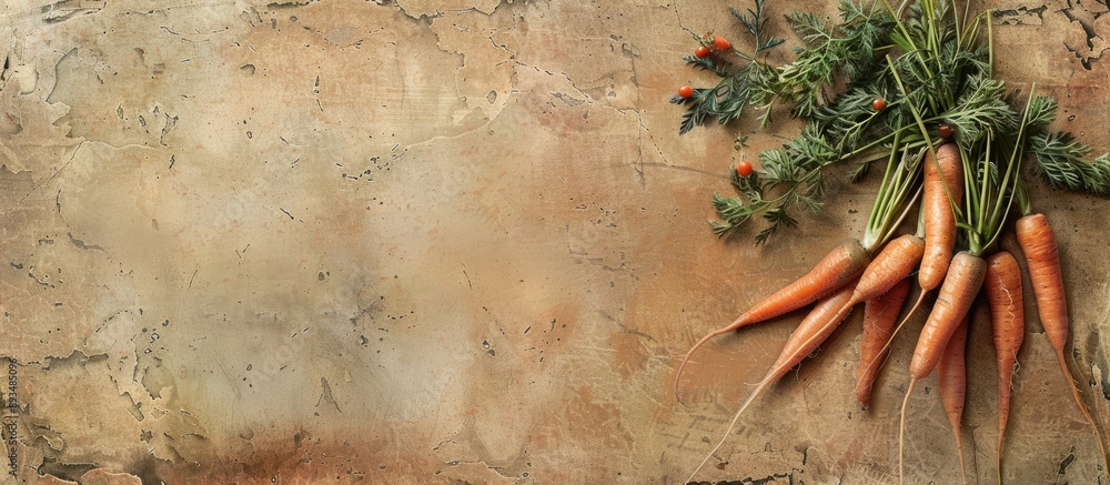 Poster A rustic picture featuring fresh carrots on a textured background includes copy space image