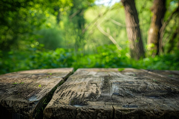 Detailed rustic wood table texture with vibrant green spring nature blurred in the background, evoking serenity