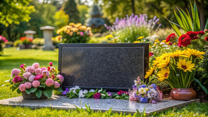 Elegant blank black granite board outdoors surrounded by flowers, perfect mockup for memorial or nominal plate, featuring ample copy space for custom text or design.