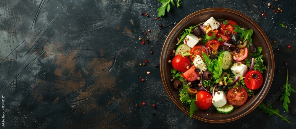 Poster a traditional greek salad displayed on a dark background with room for additional text or images