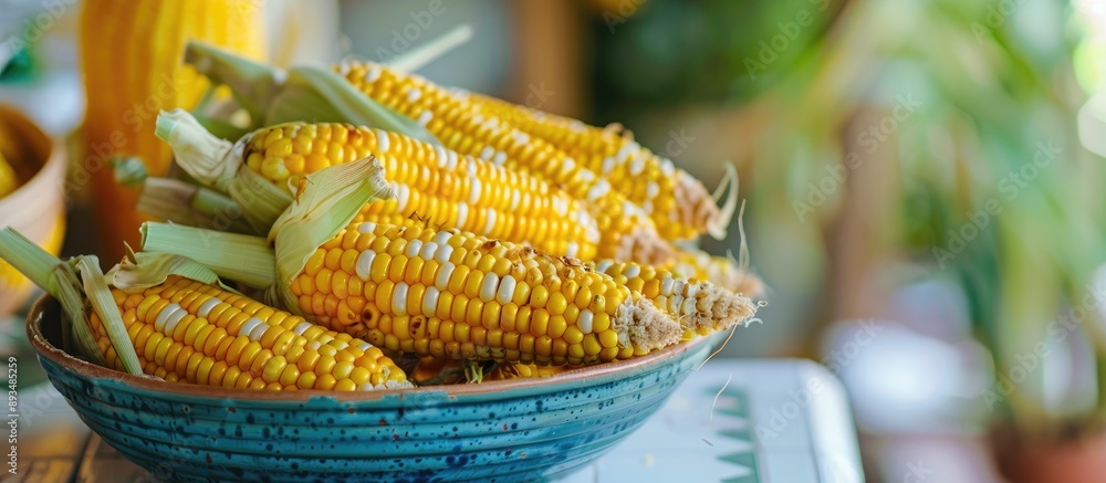 Poster grilled corn cobs in a bowl on a white tile table perfect for your copy space image