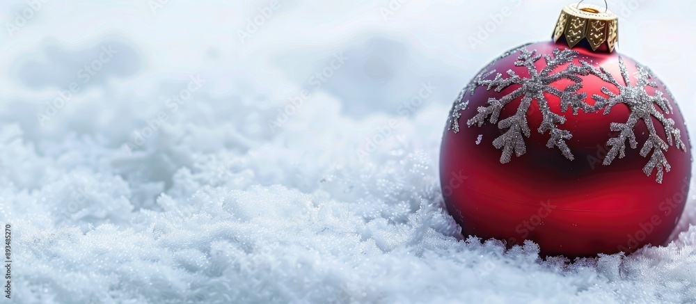Poster an ornamented christmas tree bauble in the snow with a blank space for adding an image. copy space a