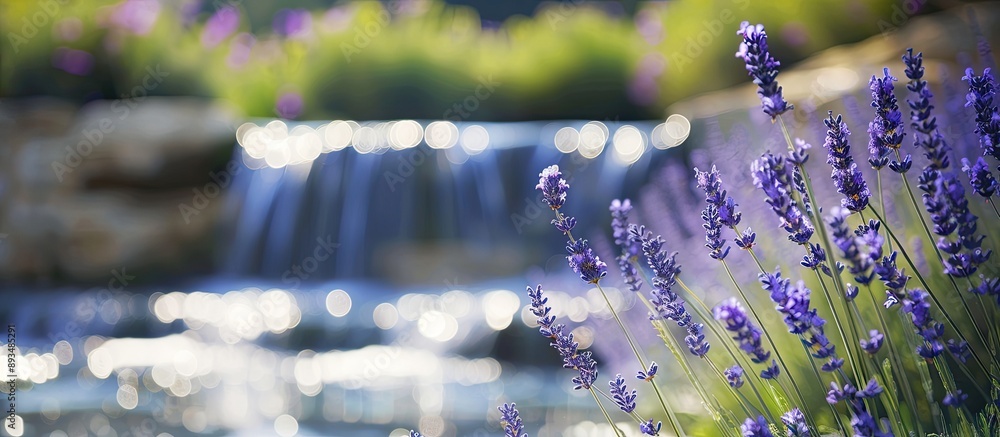 Poster sunny garden day with lavender blooms and a waterfall in the backdrop perfect for a copy space image