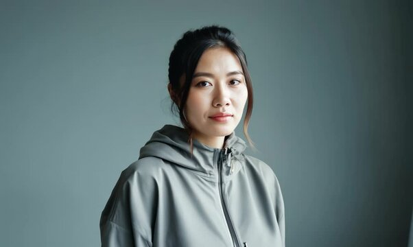 Portrait of a Chinese woman in her 30s in a minimalist or empty room background wearing a lightweight windbreaker