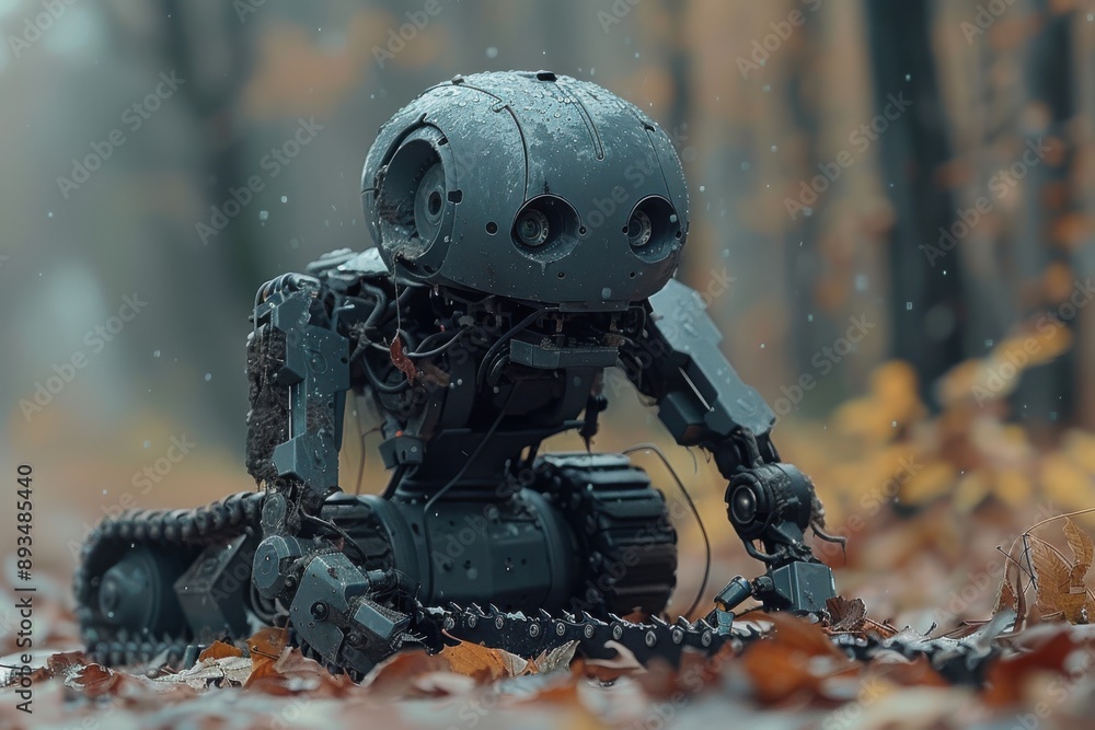 Poster humanoid robot using a chainsaw to cut down a tree. the robot has a rounded head with large, circula