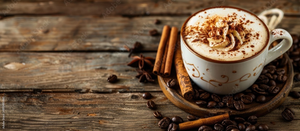 Poster cappuccino with cinnamon and coffee beans on a wooden backdrop with copy space image