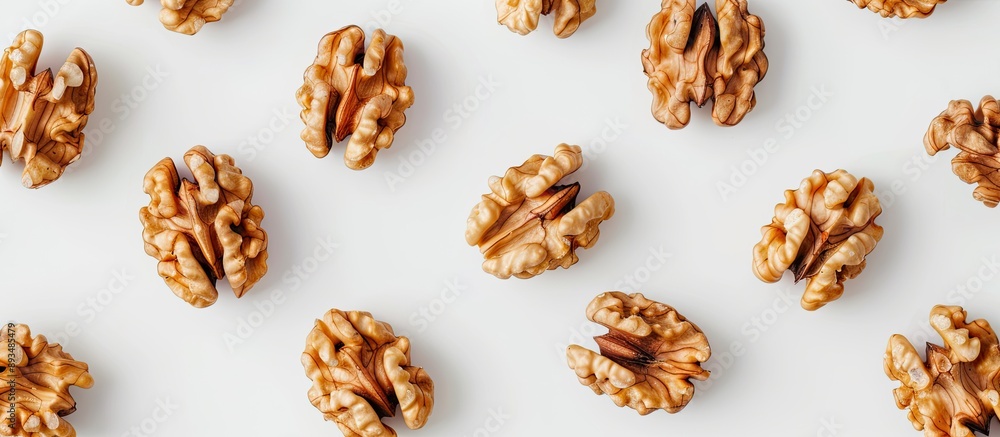 Aufkleber Top down view of a unique background featuring walnut kernels on a white backdrop with ample space for additional content in the image