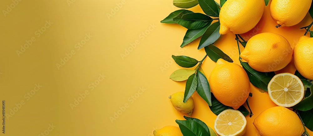 Aufkleber colorful background with lemons in a flat lay arrangement offering space for text within the image. 