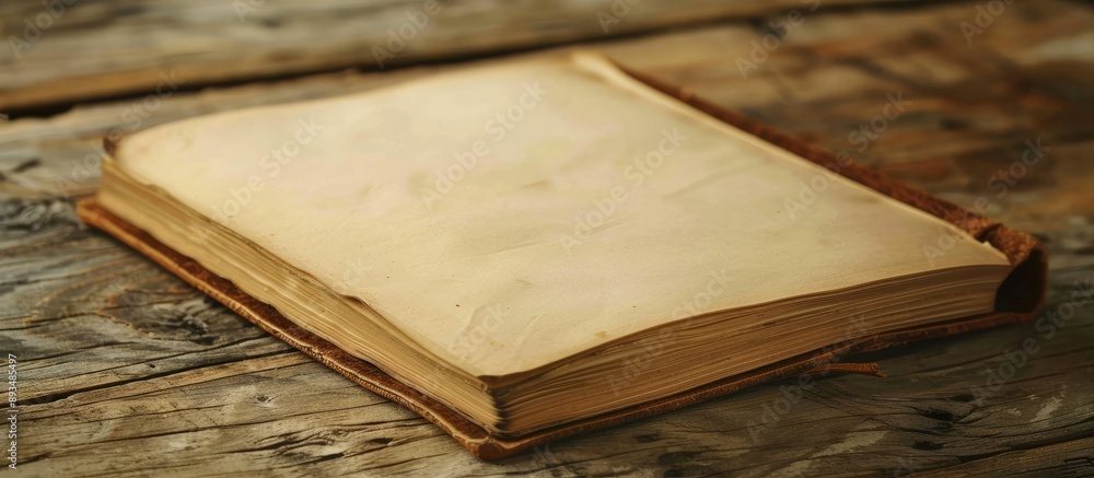Fototapete A notebook rests on a wooden table providing a clear backdrop for your copy space image