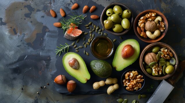 Photo of a selection of healthy unsaturated fats, Omega 3 - fish, avocados, olives, nuts and seeds.