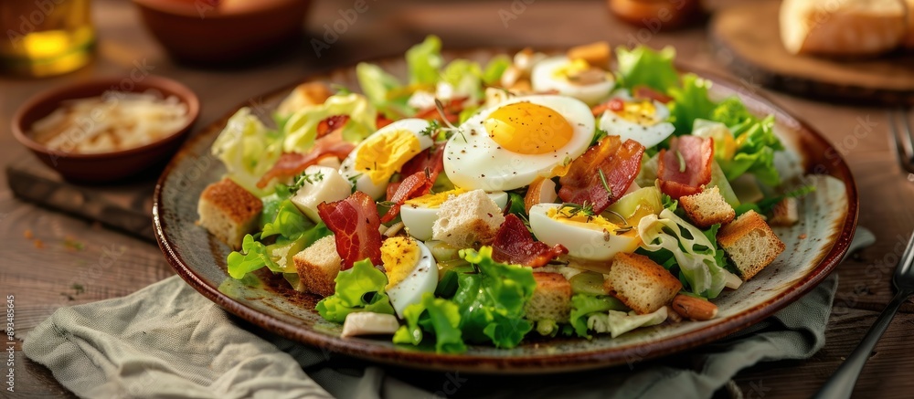 Poster Lorraine cuisine with Vosges salad featuring egg bacon croutons lettuce and vinaigrette dressing beautifully displayed on a rustic table with copy space image in the background
