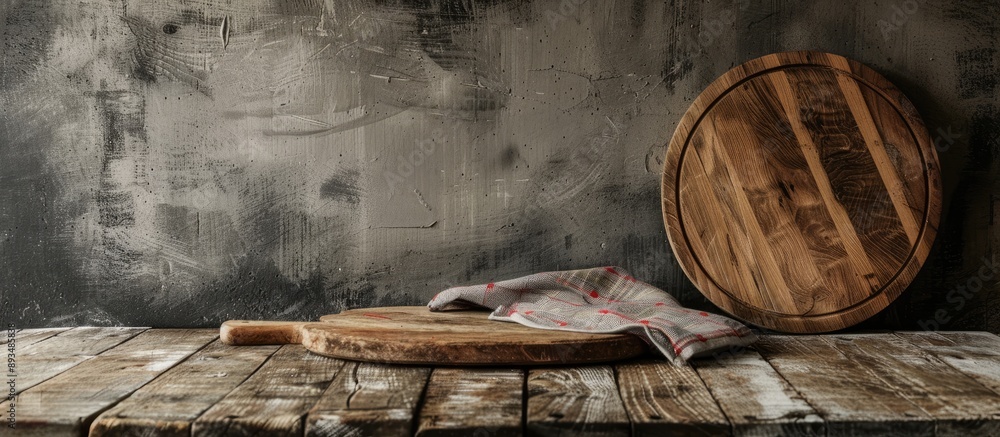 Leinwandbilder A wooden table with a cutting board and a towel providing a rustic backdrop with ample copy space image