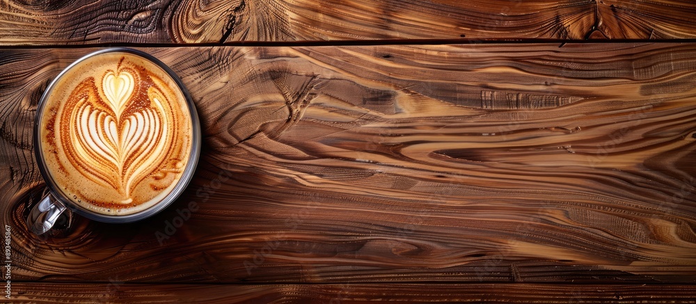 Poster Latte art featuring a heart design on a wooden background for flat lay composition with room for text next to it in the image. copy space available