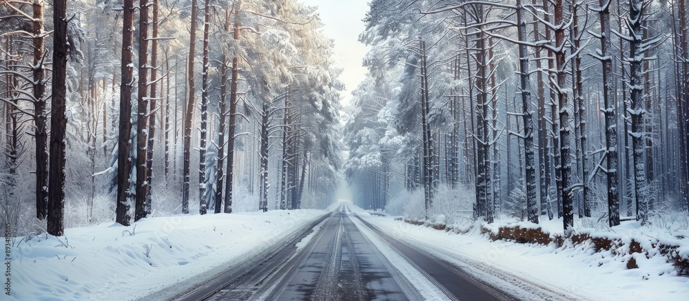Aufkleber Snowy winter road bordered by tall trees in a forest setting perfect for a copy space image
