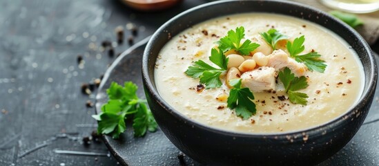 Vegetable cream soup with chicken in pumpkin puree a nutritious dish Includes copy space image