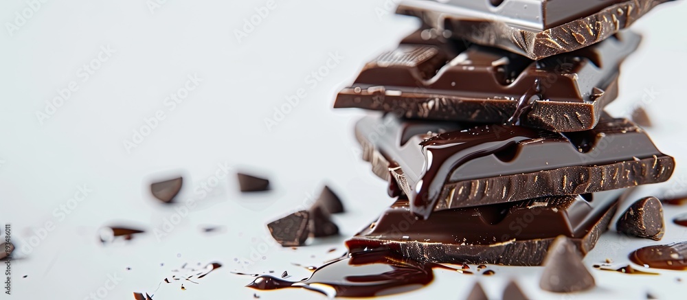 Poster dark chocolate pieces stacked with chocolate syrup on a white background ideal for showcasing with c