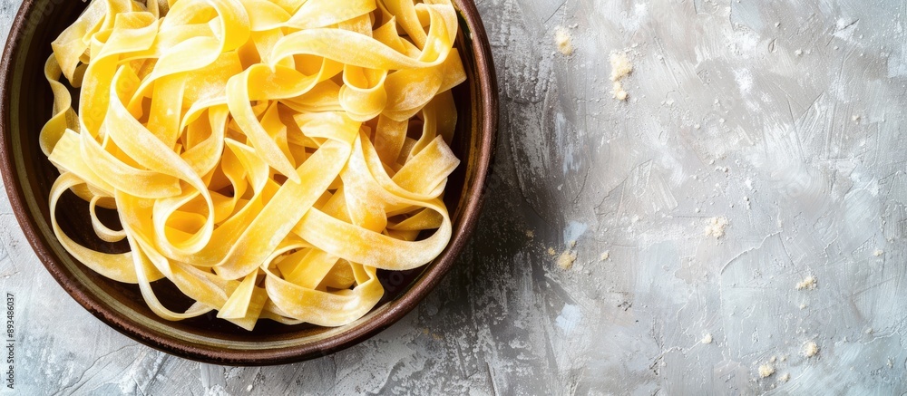 Poster top view of homemade ptitim pasta in a bowl on a light background with ample copy space image