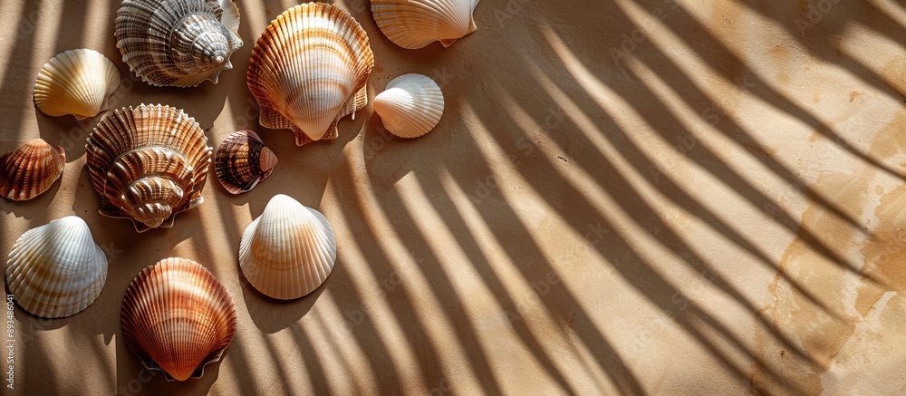 Aufkleber various seashells with a palm branch shadow on a brown backdrop depicting summer vacation and travel