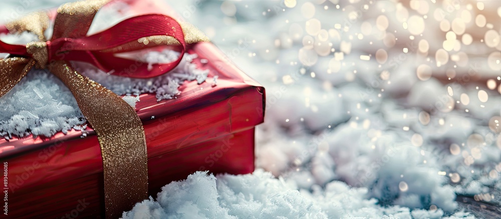 Poster close up view of a gift box with a ribbon in the snow on the left side featuring a copy space image