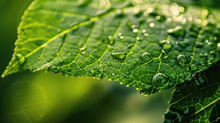 Zoomed-in shot of a leaf with clear water droplets reflecting light