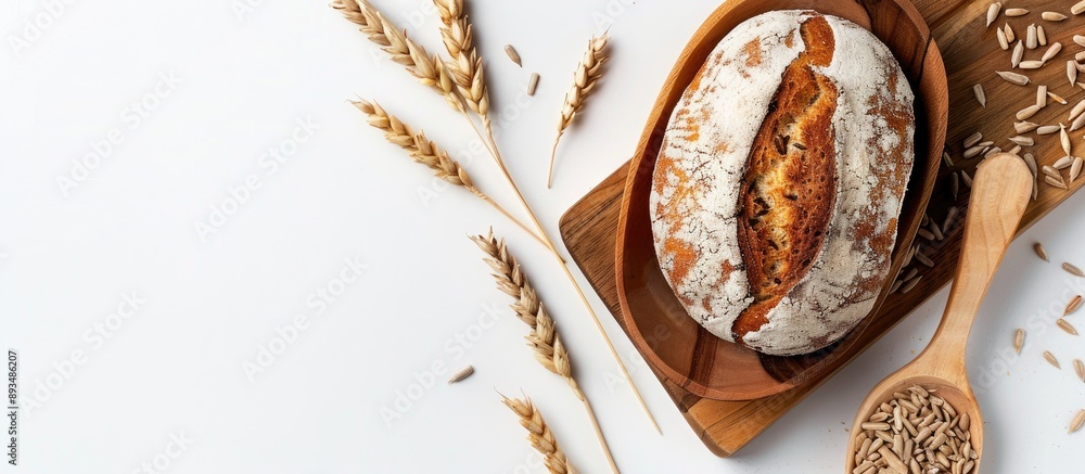 Aufkleber a wooden spoon holds fresh bread with wheat and sunflower seeds in a captivating copy space image on