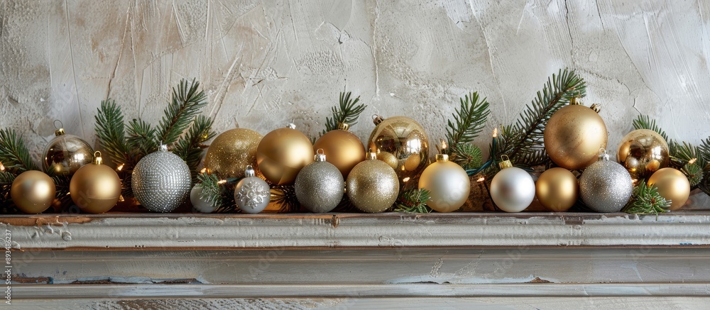 Leinwandbilder a spruce branch on the mantelpiece holds golden and silver christmas ornaments and balls creating a 
