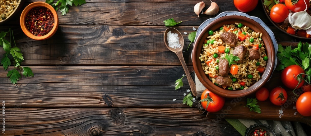 Poster Rustic top view of a table set with a lamb meat pilaf dish ideal for eating or cooking with a copy space image in the background